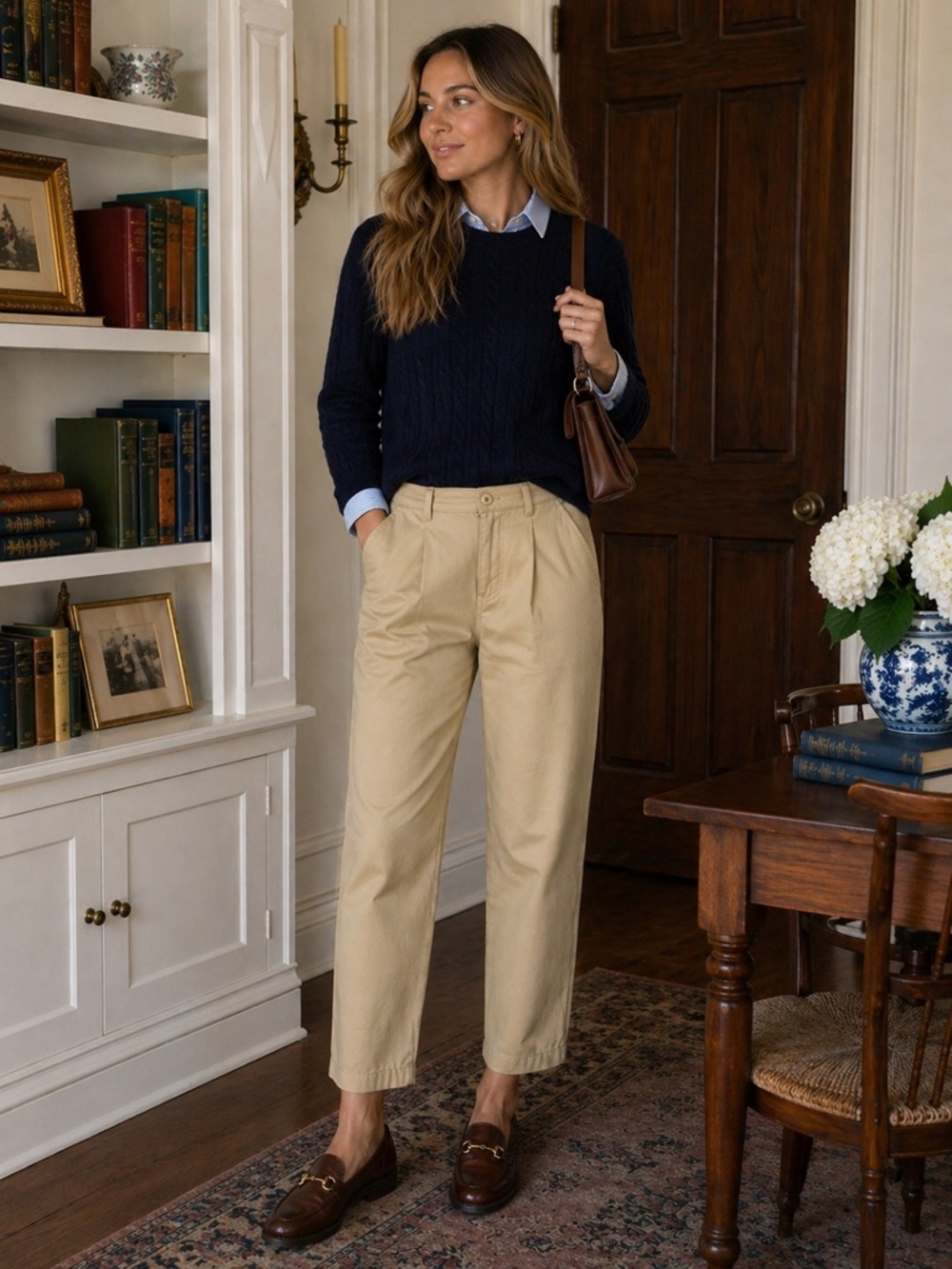 Lalavon High Rise Wide Straight Tapered Leg Crop Preppy Pleated Chino‎ Pants